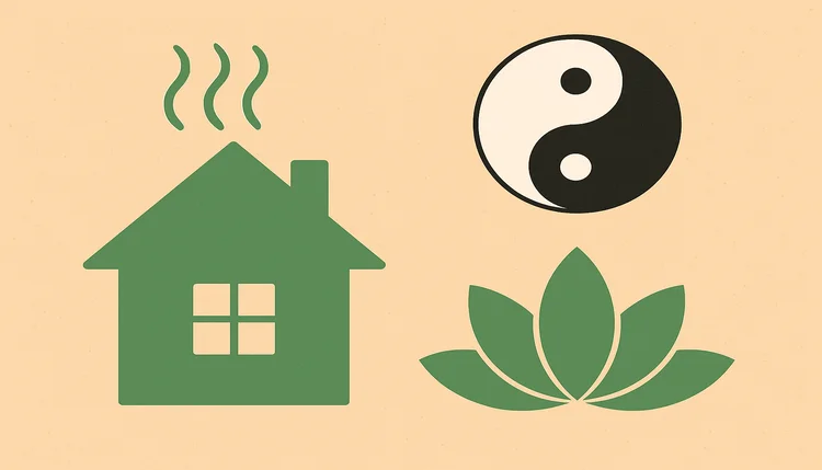Ilustração de casa, símbolo yin-yang e flor de lótus representando o papel do Feng Shui na elevação da vibração energética.