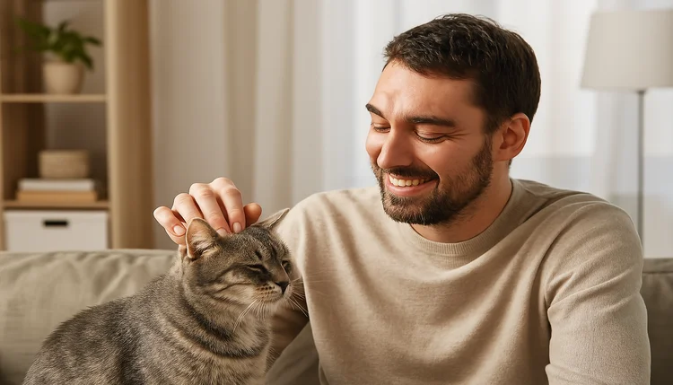 Homem sorrindo enquanto acaricia seu gato cinza em uma sala iluminada, simbolizando equilíbrio e manifestação de abundância.