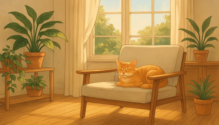 Gato laranja dormindo em poltrona iluminada com plantas ao redor, representando como os gatos ajudam a manifestar abundância pelo equilíbrio do ambiente.