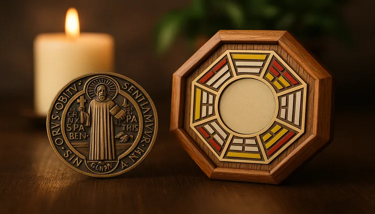 Medalha de são bento proteção espiritual ao lado de espelho bagua de feng shui com vela acesa.