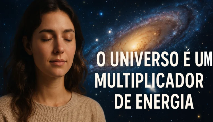 Mulher serena diante de cena cósmica vibrante, representando como o universo multiplica a energia emitida por nossos pensamentos e emoções.