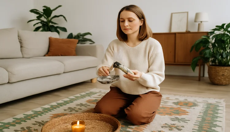 Ritual simbólico com cristais, cerâmica e planta sobre mesa centralizada, representando como ativar o centro da casa com Feng Shui.