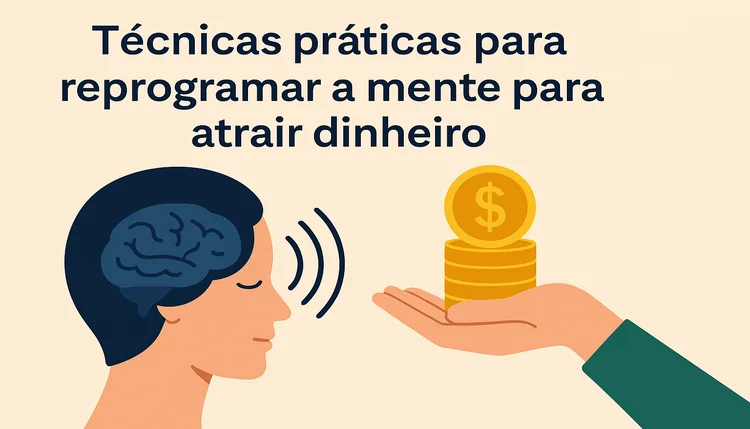 Ilustração de técnicas práticas para como reprogramar a mente para atrair dinheiro com elementos cerebrais e moedas.