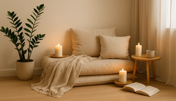 cantinho da paz com almofadas, plantas e velas para aliviar ansiedade com Feng Shui