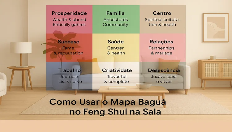 Aplicação prática do Mapa Baguá no Feng Shui em uma sala de estar, destacando os setores de prosperidade e família.