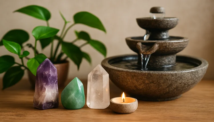 Ativando a energia com elementos naturais – composição com cristais e fonte de água para harmonizar o ambiente.