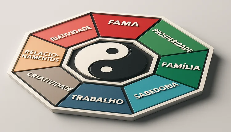 Como Usar o Mapa Baguá no Feng Shui: representação visual do baguá sendo aplicado sobre a planta baixa de uma casa, com destaque para as áreas da prosperidade e saúde.