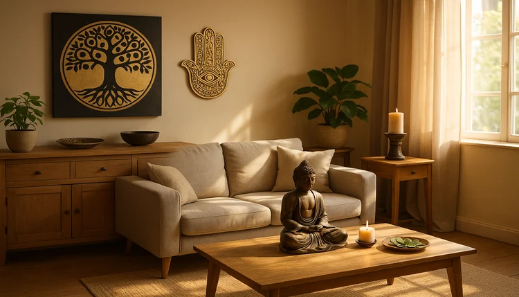 Sala decorada com símbolos da Cabala para harmonizar a casa e elementos de energia espiritual.