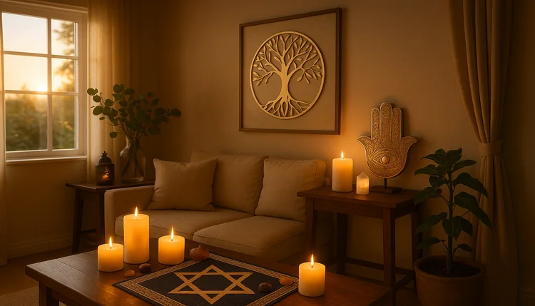 Ambiente com símbolos da Cabala para harmonizar a casa iluminado por velas ao entardecer.