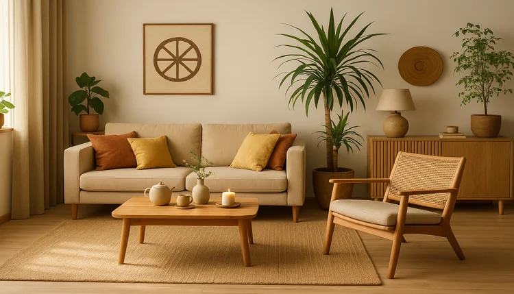 Sala com plantas e decoração minimalista integrando Feng Shui e Cabala para harmonizar a casa.