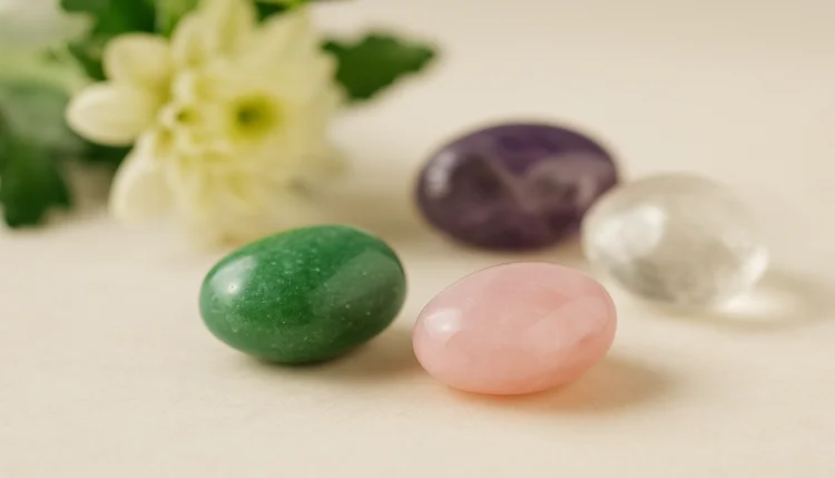Cristais sobre superfície clara simbolizando equilíbrio e boas energias como presentes para o Dia das Mães segundo o Feng Shui.