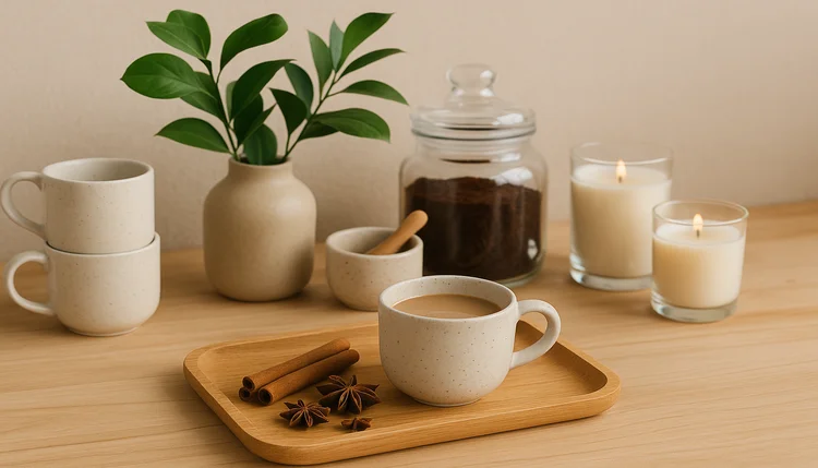 Elementos essenciais no cantinho do café com Feng Shui, incluindo bandeja de madeira, canela, xícara de cerâmica, plantas e velas.