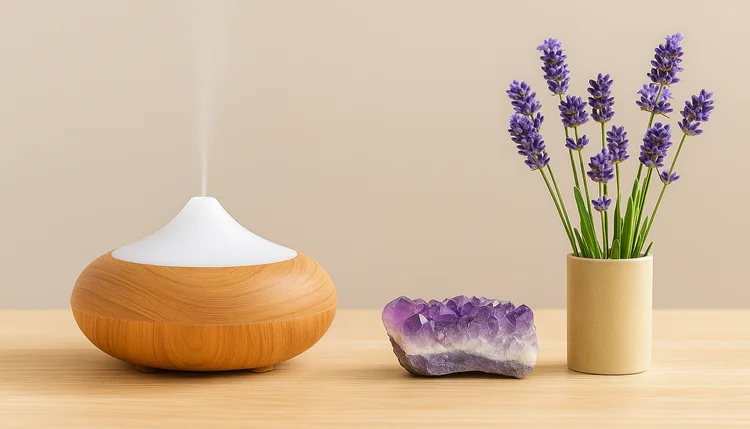 Aromaterapia com lavanda, difusor e ametista no Feng Shui e autocuidado.
