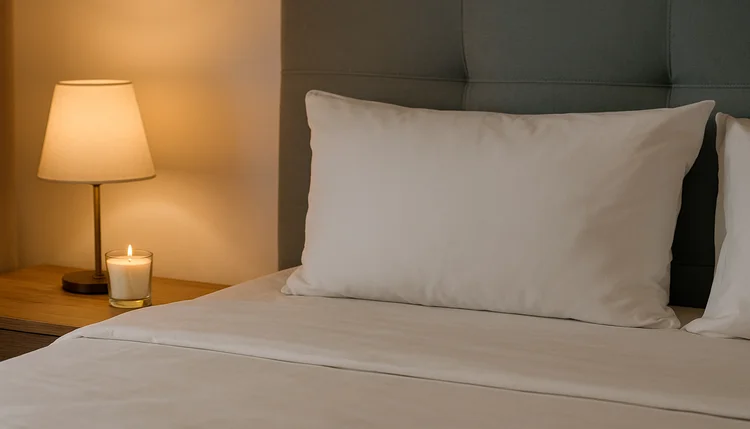 Quarto harmonizado com cama arrumada e vela acesa representando intenção no Feng Shui e autocuidado.