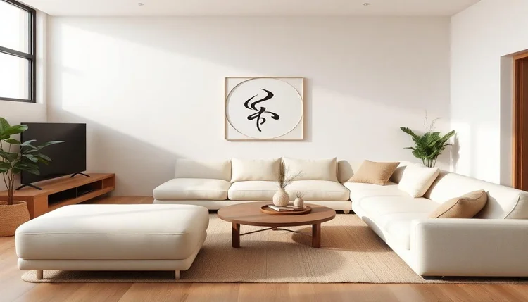 Sala decorada com Feng Shui e minimalismo iluminada com luz natural.