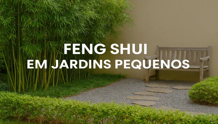 Canto de jardim com bambu, banco de madeira e caminho de pedrinhas no estilo Feng Shui.