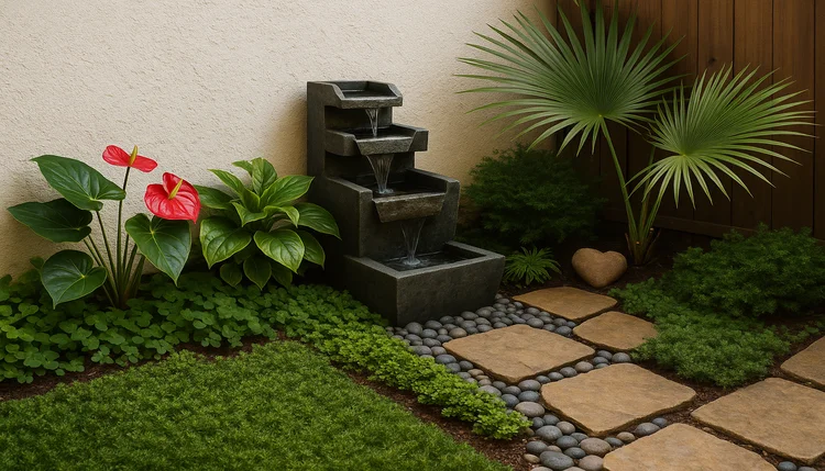 Jardim pequeno com fonte redonda, samambaias e caminho de pedras no estilo Feng Shui em jardins pequenos.