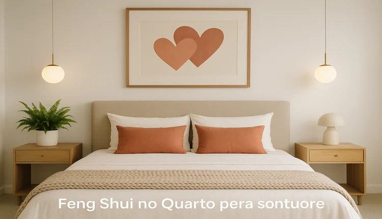 Quarto harmonizado com Feng Shui para bons relacionamentos, cama centralizada, tons terracota e iluminação suave.