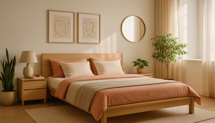 Quarto com espelho redondo, cama em tons suaves e plantas, ilustrando o Feng Shui para bons relacionamentos.
