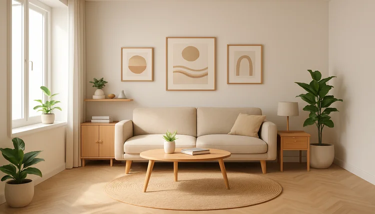 Sala compacta com móveis leves e decoração harmônica aplicando feng shui para ambientes pequenos.