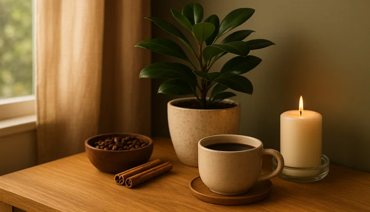 Cantinho do café com Feng Shui, com luz natural, planta, vela acesa, café, canela e grãos, transmitindo aconchego e bem-estar.