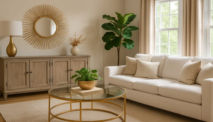 Mudanças simples na decoração que ativam a energia da prosperidade em uma sala elegante iluminada pelo sol.