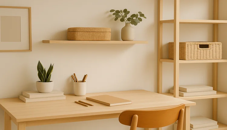 Organização funcional com harmonia e beleza – ambiente minimalista, organizado, com móveis claros, plantas e elementos naturais que transmitem equilíbrio e bem-estar.