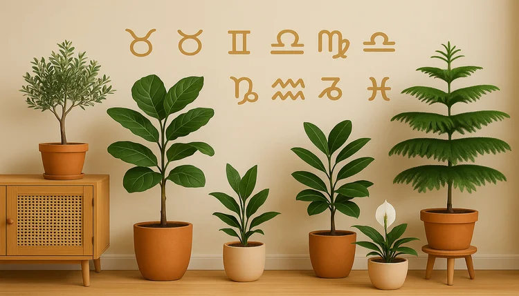 Planta ideal para cada signo representada em sala com decoração natural e símbolos astrológicos na parede.