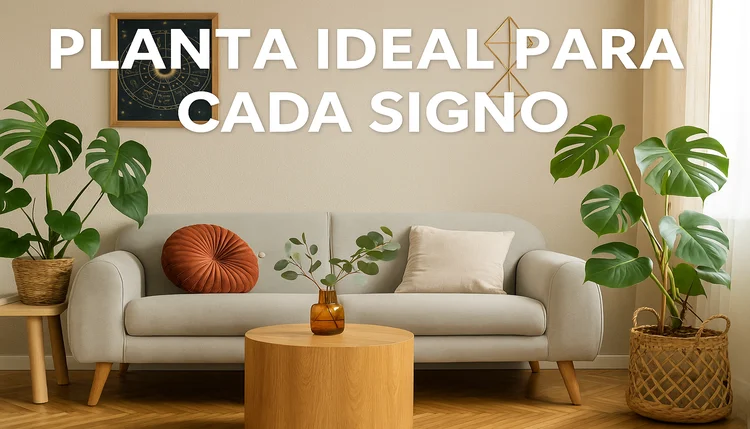 Planta ideal para cada signo representada em sala equilibrada com monstera, Feng Shui e símbolos astrológicos.