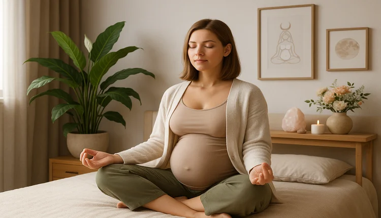 Rituais de Feng Shui para gravidez tranquila com mulher grávida meditando em sala harmonizada com elementos naturais.