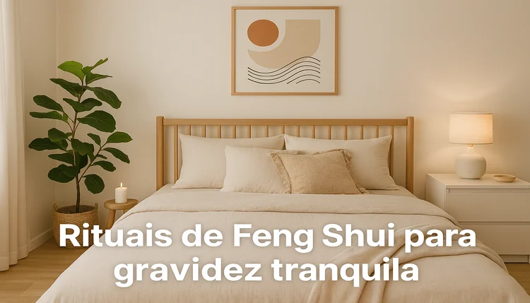 Rituais de Feng Shui para gravidez tranquila em quarto com plantas, cama de madeira clara e iluminação suave.