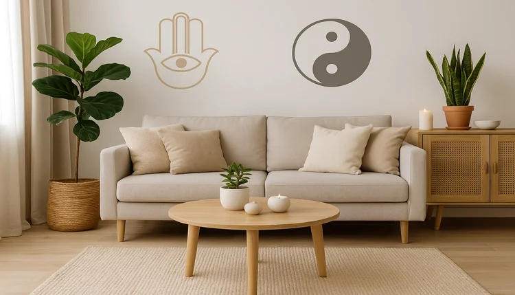 Rituais de Feng Shui para gravidez tranquila em sala com plantas, símbolos energéticos e decoração equilibrada.
