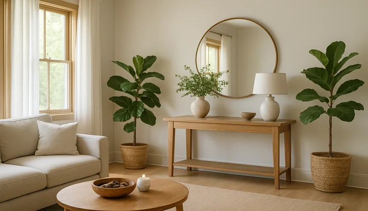 Sala espaçosa, iluminada e equilibrada com elementos naturais, representando ambiente desbloqueado energeticamente segundo o Feng Shui.
