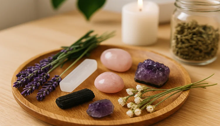 Banhos energéticos com cristais e ervas como lavanda e flores secas sobre bandeja