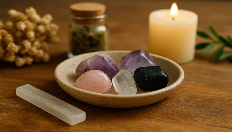 Cristais em prato de cerâmica para banhos energéticos com vela, flores e ervas ao redor.