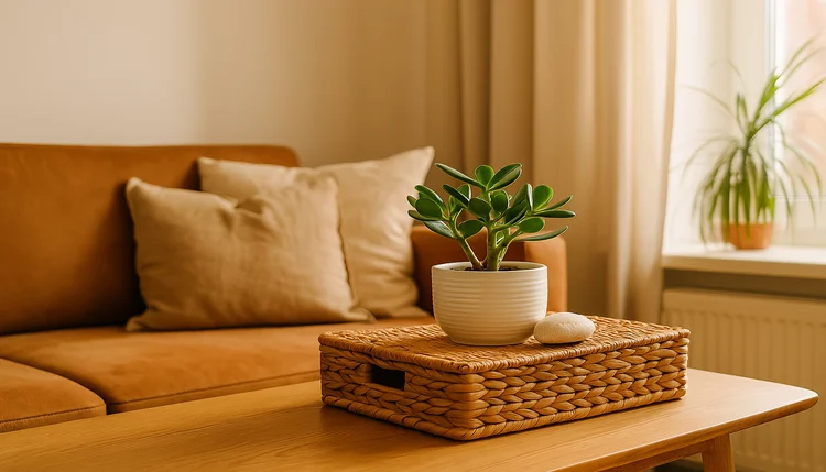 Sala com sofá terracota e bambu da sorte ao lado, transmitindo sensação de espaço purificado com elementos naturais