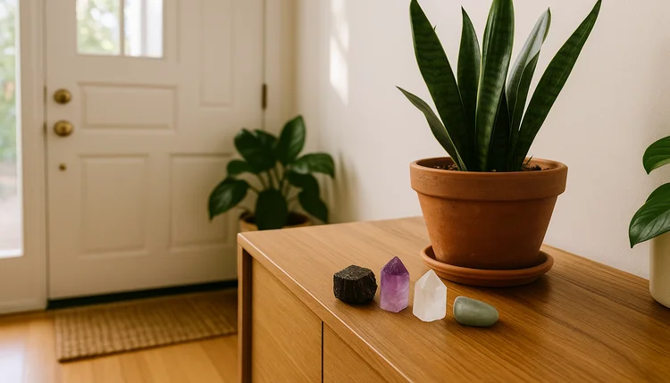 Cristais e planta na entrada de casa com luz natural, simbolizando proteção e boas-vindas segundo o Feng Shui