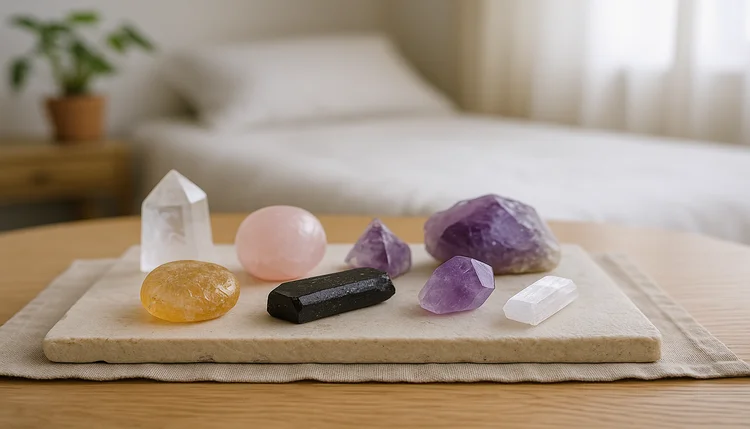 Cristais para cada área da casa sobre pedra natural em quarto iluminado, representando purificação vibracional
