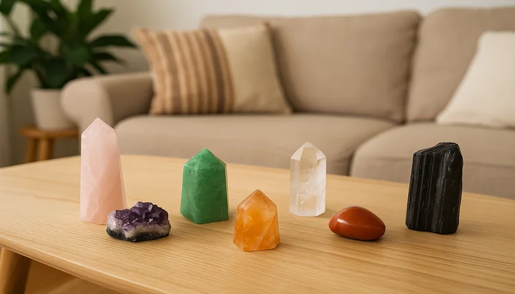 Cristais para cada área da casa posicionados sobre mesa de madeira clara em sala com sofá bege e planta ao fundo.