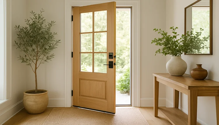 Entrada de casa com iluminação natural, plantas verdes e energia fluida, representando liberação de bloqueios energéticos e boas-vindas vibracionais.