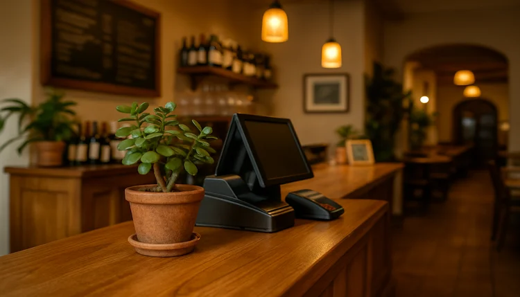 Caixa de restaurante com planta jade e iluminação acolhedora, aplicado segundo os princípios do Feng Shui.