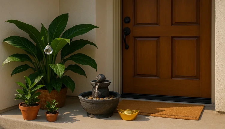 feng shui na porta de entrada com cristal, plantas e fonte de água