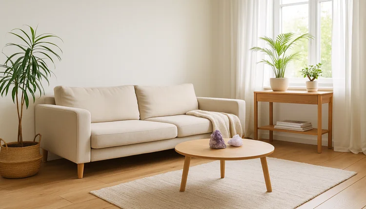 Sala minimalista representando purificação energética com elementos naturais